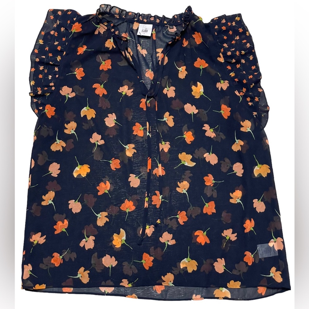 CAbi Navy Floral Tie-Neck Ruffle Sleeve Blouse